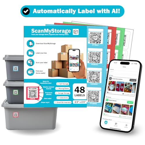 ScanMyStorage Smarte QR-Code-Aufkleber, schnelle automatische Beschriftung mit KI, farbcodiert, ideal für Aufbewahrung und Umzug, kein Abonnement, verfolgen und finden mit iOS- und Android-App, 48 von ScanMyStorage