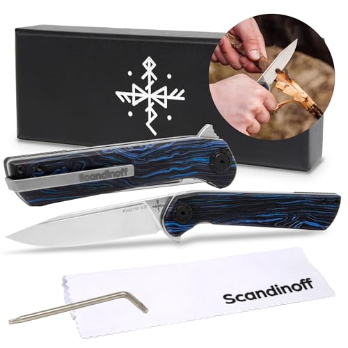 Scandinoff Klappmesser Slim - Einhandmesser - 80mm Klinge - Leicht Taschenmesser - Klingenform „Modern SEAX“ - Sandvik 14C28N Stahl - EDC Messer für Outdoor, Camping | Pocketor Slim Nordic Sky von Scandinoff