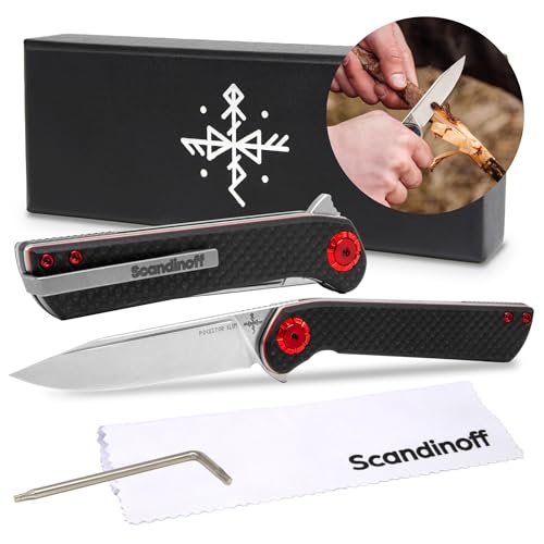 Scandinoff Klappmesser Slim - Einhandmesser - 80mm Klinge - Leicht Taschenmesser - Klingenform „Modern SEAX“ - Sandvik 14C28N Stahl - EDC Messer für Outdoor, Wandern | Pocketor Slim Carbon Fiber von Scandinoff