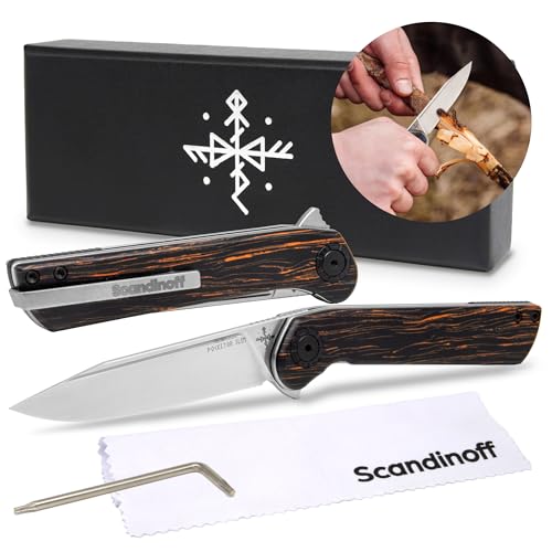 Scandinoff Klappmesser Slim - Einhandmesser - 80mm Klinge - Leicht Taschenmesser - Klingenform „Modern SEAX“ - Sandvik 14C28N Stahl - EDC Messer für Outdoor, Wandern | Pocketor Slim Nordic Wood von Scandinoff