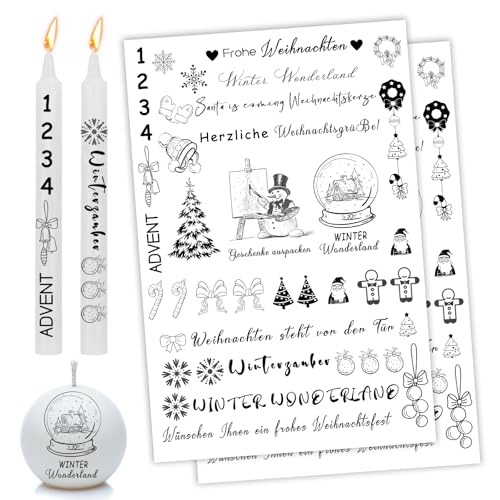 Scentoria 2 Stück Kerzentattoos Neujahr, Kerzentattoos Weihnachten, Kerzen Aufkleber Weihnachten, Kerzen Tattoo Happy New Year, Stabkerzen Weihnachten Aufkleber für Kerzen, Merry Christmas C von Scentoria