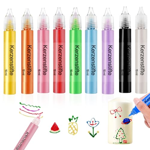 Scentoria 9 Stück Wachsstifte für Kerzen, Kerzen Bemalen Set Bunt 15 ml, Wachsstifte für Kerzen, Kerzenstifte, Candle Pen für Kerzen Verzieren, Kerzen Bemalen, Tassen Bemalen, Keramik Bemalen set von Scentoria