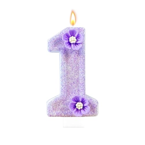 Scentoria Geburtstagskerzen Zahlen, Kerzen 1. Geburtstag, Geburtstag Kerzen Lila 1. geburtstag mit Blumen für Kinder, Jungen Mädchen, Geburtstagsdeko, Geburtstag Party, Jubiläum von Scentoria