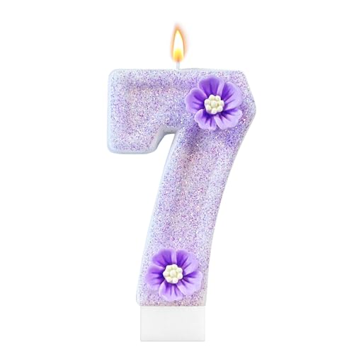 Scentoria Geburtstagskerzen Zahlen, Kerzen 7. Geburtstag, Geburtstag Kerzen Lila 7. geburtstag mit Blumen für Kinder, Jungen Mädchen, Geburtstagsdeko, Geburtstag Party, Jubiläum von Scentoria