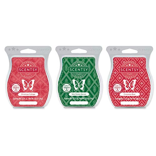 Scentsy Season's Greetings: Christmas Cottage, Very Snowy Spruce, Zimtbär, Dochtloses Kerzenwachs, 90 g, 3 Stück von Scentsy