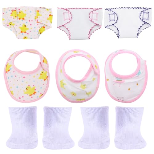 Scettar 10 Stück Puppenzubehör Windeln Set Baby Puppe Windeln Lätzchen Set Puppe Kleidung Zubehör für 14-18 Zoll Puppe Mädchen Kann mehrfach gewaschen und wiederverwendet werden von Scettar