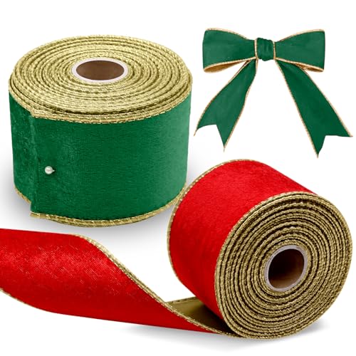 Scettar 2 Rollen Weihnachtsband 6,3 cm × 9,1 m, grünes Samtband und rotes Band zum Dekorieren von Weihnachtsbäumen, Geschenkverpackungen, Kränzen, Hochzeiten, Partys (rot und grün) von Scettar