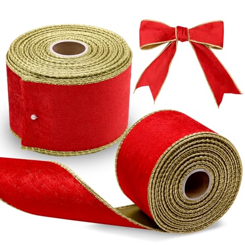 Scettar 2 Rollen Weihnachtsbaumband 6,3 cm × 9,1 m, rotes Drahtband zum Dekorieren von Weihnachtsbäumen, Geschenkverpackungen, Kränzen, Hochzeiten, Partys (rot) von Scettar