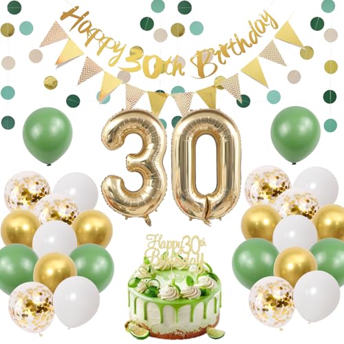 Scettar 30 Geburtstag Deko Grün Gold, 30 ter Geburtstag Dekoration deko 30. Geburtstag Frau Luftballons & Wimpelkette, Happy Birthday Banner, Tortendeko & 2m Girlanden für Männer und Frau von Scettar