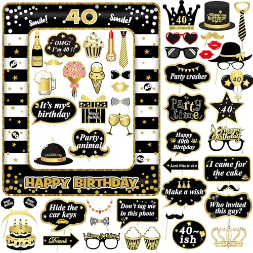 Scettar 53 Stück 40. Geburtstag Deko Fotorequisiten Männer Frauen, Schwarzes Gold 40. Aufblasbarer Rahmen 53 Stück Selfie Requisiten,40. Geburtstag Party Photo Booth Props Für Geburtstagsfeiern von Scettar