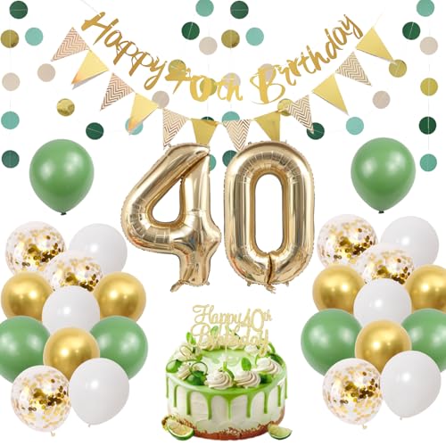 Scettar 40. Geburtstag Deko Grün Gold, 40.ter Geburtstag Dekoration deko 40. Geburtstag Frau Luftballons & Wimpelkette, Happy Birthday Banner, Tortendeko & 2m Girlanden für Männer und Frau von Scettar