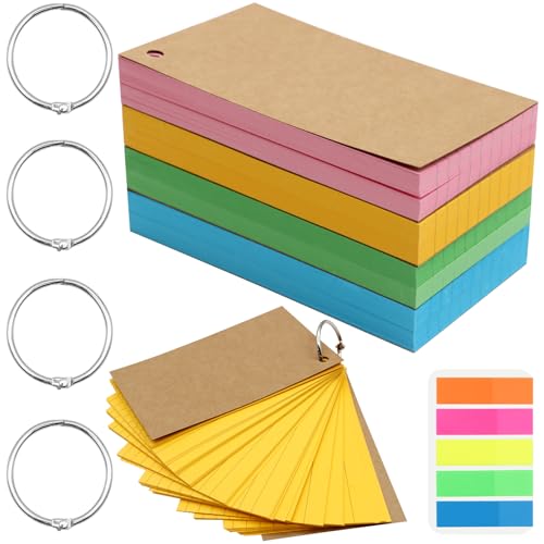 Scettar 400 Stück Karteikarten Mit Karteikarten Ring, 12.7 * 7.6cm Moderationskarten In 4 Farben Für Notizen, 5 Farben Von Fluoreszenz Haftnotizen 4.5 * 1.7CM, Flashcards Für Büro/Schule von Scettar