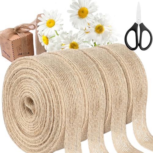 Scettar 40m Juteband 2cm, 4 Roller Burlap Band Vintage, Deko Juteband Natür Mit Schere, Vintage Geschenkband Jute Dekoband Jute Für Handwerkliche Geschenkverpackungen, Hochzeitsfeiern Und Kranzbinden von Scettar