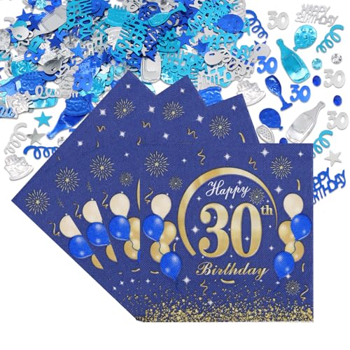 Scettar 50 Stück Dekoration Geburtstag 30 Jahre Servietten mit Konfetti Happy Birthday 33 x 33 cm Blau Gold Servietten Papier Geburtstag für Geburtstagsfeiern Tischdekoration von Scettar