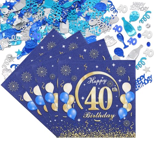 Scettar 50 Stück Dekoration Geburtstag 40 Jahre Servietten mit Konfetti Happy Birthday 33 x 33 cm Blau Gold Servietten Papier Geburtstag für Geburtstagsfeiern Tischdekoration von Scettar