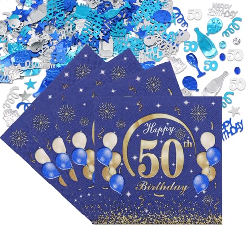 Scettar 50 Stück Dekoration Geburtstag 50 Jahre Servietten mit Konfetti Happy Birthday 33 x 33 cm Blau Gold Servietten Papier Geburtstag für Geburtstagsfeiern Tischdekoration von Scettar