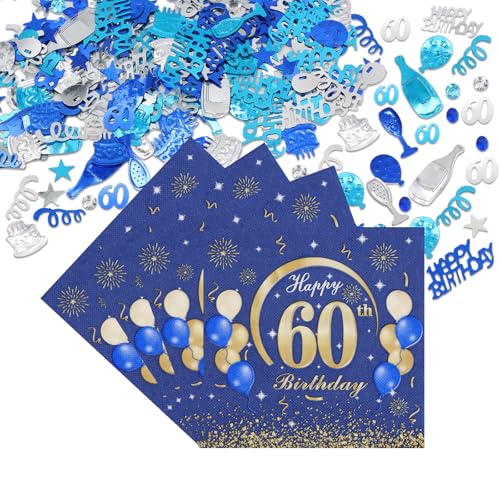 Scettar 50 Stück Dekoration Geburtstag 60 Jahre Servietten mit Konfetti Happy Birthday 33 x 33 cm Blau Gold Servietten Papier Geburtstag für Geburtstagsfeiern Tischdekoration von Scettar