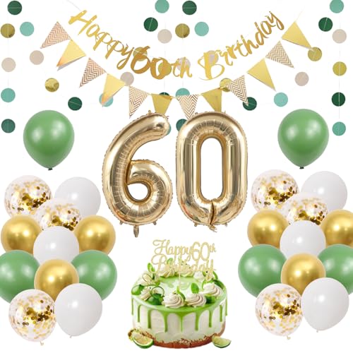 Scettar 60. Geburtstag Deko Grün Gold, 60.ter Geburtstag Dekoration deko 60. Geburtstag Frau Luftballons & Wimpelkette, Happy Birthday Banner, Tortendeko & 2m Girlanden für Männer und Frau von Scettar