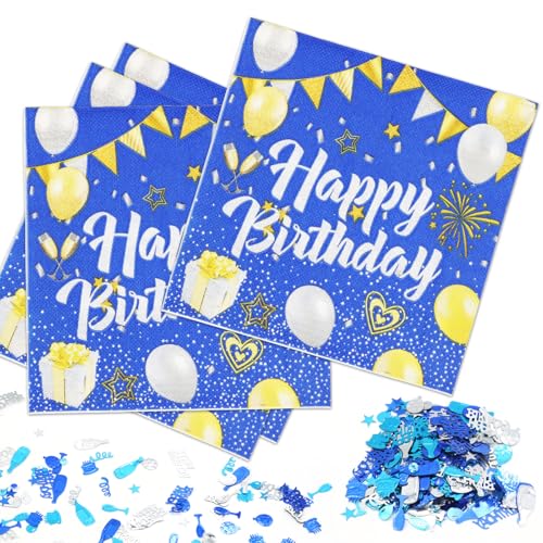 Scettar 60 Stück Papierservietten, zum Geburtstag, Farbdruck, Einweg-Papier, Dekoration für Kinder, Servietten, Happy Birthday, blau, Lieferung mit 15 g Geburtstagskonfetti von Scettar