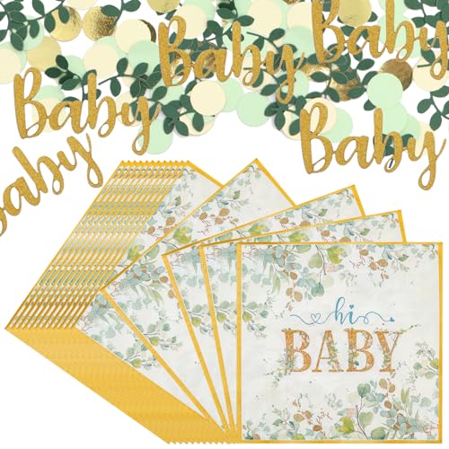 Scettar Babyparty Deko Mädchen 60 Stücke Servietten 33 X 33 Cm+ 100 Stücke Baby Shower Deko Konfetti, Grün Gold Deko Babyparty Servietten Eukalyptus Grün Für Babypartyparty Deko von Scettar