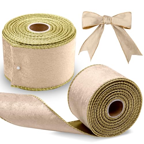 Scettar Goldband für Weihnachtsbaum, 6,3 cm × 9,1 m, goldfarbenes Samtband, zum Dekorieren von Weihnachtsbäumen, Geschenkverpackungen, Kränzen, Hochzeiten, Partys, 2 Rollen von Scettar