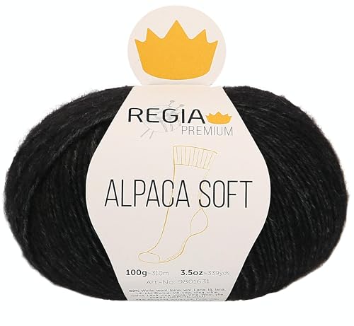 REGIA Premium Alpaca Soft 9801631-00099 schwarz meliert Handstrickgarn, Sockengarn, 100g Knäuel von Regia