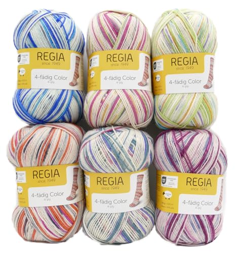 Regia Sockenwolle Paket, 6x100g Sockengarn 4-fädig, Strumpfwolle gemustert mit Farbverlauf, trocknergeeignet, 75% Schurwolle, 25% Polyamid von Schachenmayr since 1822