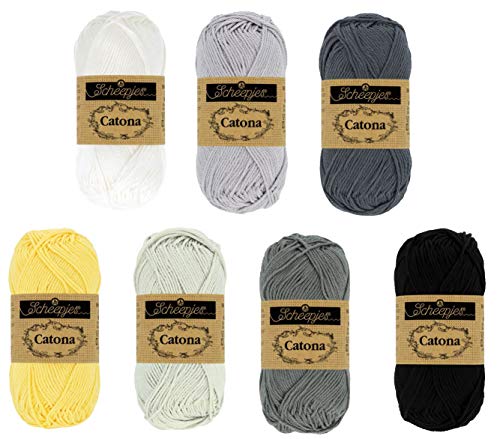 Häkelgarn Set Häkelwolle Baumwolle Scheepjes Catona #9 shades of grey | 350g Baumwollgarn zum Häkeln und Stricken | 100% Baumwolle von theofeel