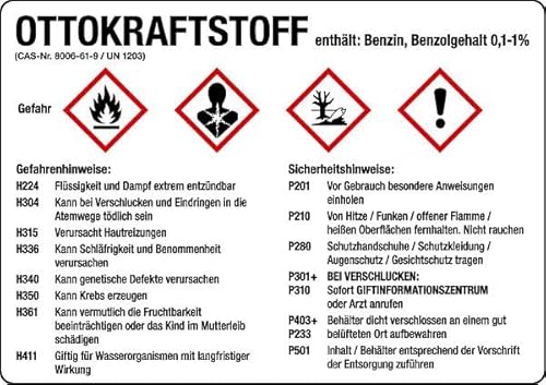 Schilder Klar 560/31 Gefahrstoffkennzeichnung, GHS-Gefahrstoffetiketten: Ottokraftstoff, Folie Selbstklebend, Maße 74mm x 105mm von Schilder Klar