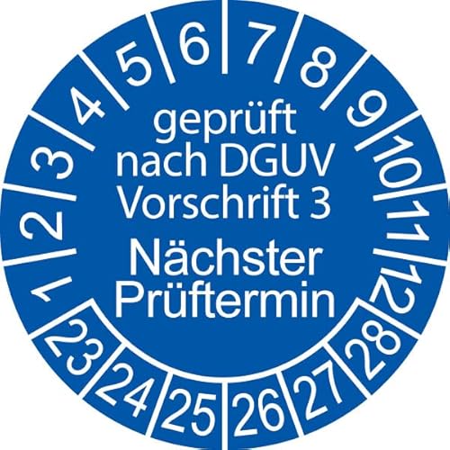 100 x Prüfplakette/Sicherheitsplakette 20 mm Durchmesser mit untersch. Beschriftungen (100, Geprüft nach DGUV 3 - Nächster Prüftermin - blau) von Schilderkröten