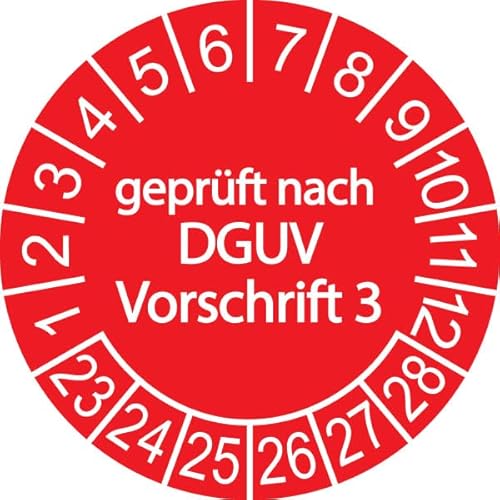 100 x Prüfplakette/Sicherheitsplakette 20 mm Durchmesser mit untersch. Beschriftungen (100, Geprüft nach DGUV 3 - rot) von Schilderkröten