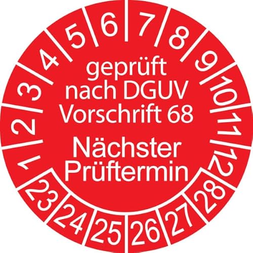 100 x Prüfplakette/Sicherheitsplakette 30 mm Durchmesser mit untersch. Beschriftungen (100 Stück, Geprüft nach DGUV 68 - Nächster Prüftermin - rot) von Schilderkröten