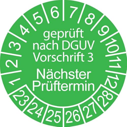 1000 x Prüfplakette/Sicherheitsplakette 20 mm Durchmesser mit untersch. Beschriftungen (1000, Geprüft nach DGUV 3 - Nächster Prüftermin - grün) von Schilderkröten