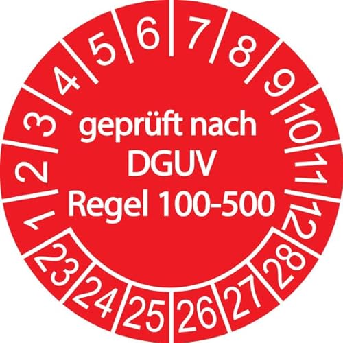 1000 x Prüfplakette/Sicherheitsplakette 20 mm Durchmesser mit untersch. Beschriftungen (1000, Geprüft nach DGUV Regel 100-500 rot) von Schilderkröten