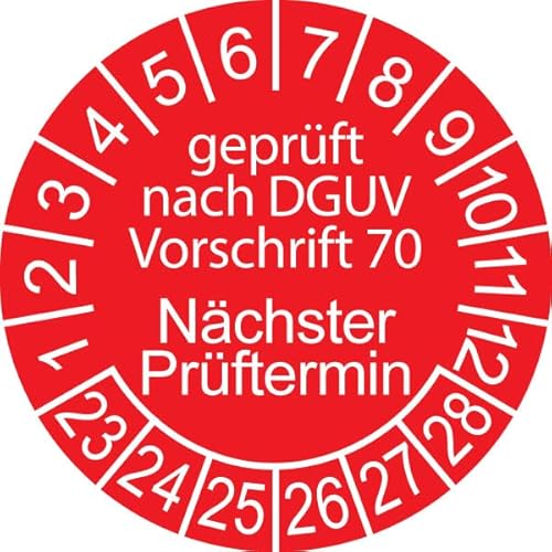 200 x Prüfplakette/Sicherheitsplakette 30 mm Durchmesser mit untersch. Beschriftungen (200 Stück, Geprüft nach DGUV 70 - Nächster Prüftermin - rot) von Schilderkröten