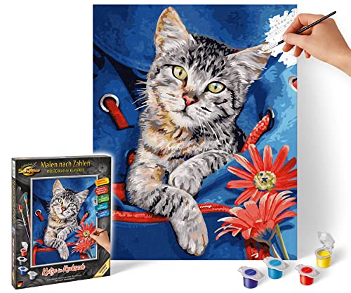 Schipper 609240842 Malen nach Zahlen - Katze im Rucksack-Bilder malen für Erwachsene, inklusive Pinsel und Acrylfarben, 24 x 30 cm von Schipper