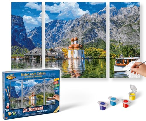 Schipper 609260841 Malen nach Zahlen - St. Bartholomä am Königssee - Bilder malen für Erwachsene, inklusive Pinsel und Acrylfarben, Triptychon, 50 x 80 cm von Schipper