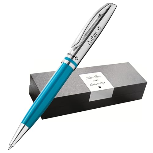 Pelikan Jazz Kugelschreiber farbig personalisiert Geschenk einzigartige Stifte mit Namen - personalisierte Geschenke zu Weihnachten - Kugelschreiber personalisiert (Gravur, Petrol) von Schmalz®