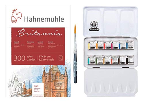 Schmincke Akademie Aquarell Malkasten, Metallkasten, 12 pcs mit Davinci Pinsel mit Hahnemühle Aquarellkarton Britannia matt, 300 g/m², 17 x 24 cm, 12 Blatt von Schmincke