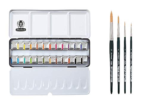 Schmincke Aquarellfarbe, Akademie Aquarell Malkasten, Metallkasten + 4er Aquarellpinselset von Davinci (24 halbe Näpfchen) von Schmincke