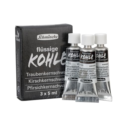 Schmincke - Flüssige Kohle, Liquid Charcoal, 3 x 5 ml, Traubenkernschwarz, Kirschkernschwarz, Pfirsichkernschwarz, 18 758 097, für Kohlemalerei, Kohlezeichnung und Untermalung, vegan von Schmincke