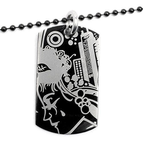 Schmuck-Checker Edelstahl DogTag Erkennungsmarke Hundemarke hochwertig schwarz Grafiti Totenkopf Flügel 60cm Kette Kugelkette (Frau mit Stadt) von Schmuck-Checker