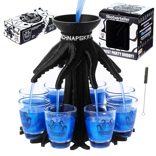 Schnapskrake ® - Das Original - Getränkeverteiler für 8 Personen - 18 Geburtstag Geschenk - Bar Butler - Ausgiesser - Einschenker (schwarz, inkl. Gläser) von Schnapskrake