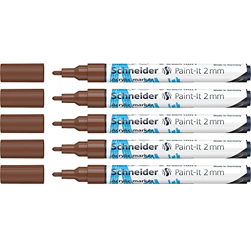 Schneider 120107 Paint-It Acrylstifte (mit 2 mm Rundspitze, hochdeckende Acrylfarben für Holz, Leinwand, Stein uvm.) 5er Pack, braun von Schneider