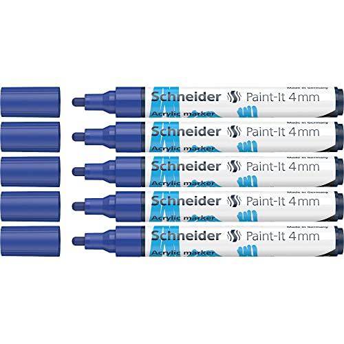 Schneider 120203 Paint-It Acrylstifte (mit 4 mm Rundspitze, hochdeckende Acrylfarben für Holz, Leinwand, Stein uvm.) 5er Pack, blau von Schneider