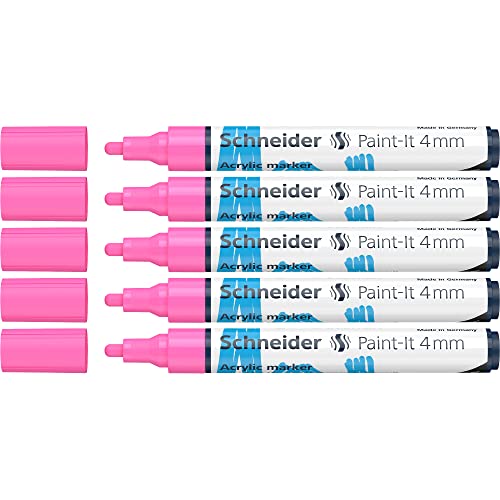 Schneider 120209 Paint-It Acrylstifte (mit 4 mm Rundspitze, hochdeckende Acrylfarben für Holz, Leinwand, Stein uvm.) 5er Pack, pink von Schneider