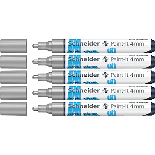 Schneider 120254 Paint-It Acrylstifte (mit 4 mm Rundspitze, hochdeckende Acrylfarben für Holz, Leinwand, Stein uvm.) 5er Pack, silber von Schneider