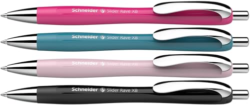 Schneider 132564 Slider Rave XB Kugelschreiber (Limitierte Sonderedition, je 1x schwarz, power pink, teal, pearl, Made in Germany) 4 Stück, Schreibfarbe: blau von Schneider