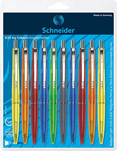 Schneider 73206 K20 Icy Colours Druckkugelschreiber (dokumentenechte Mine - Strichstärke M) 10er,Blister sortiert, Schreibfarbe: Schreibfarbe: blau von Schneider