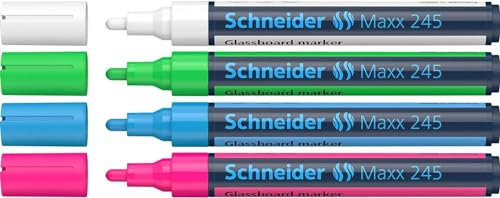 Schneider Maxx 245 Glasboardmarker / Whiteboard Marker (für Glasflächen, trocken abwischbar) 4er Etui weiß, grün, blau, pink von Schneider